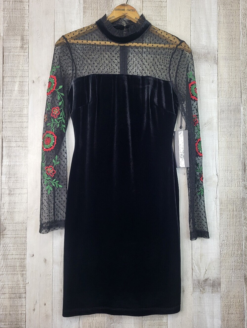 Elegant Black Velvet Dress with Sheer Embroidered Sleeves. Size 2